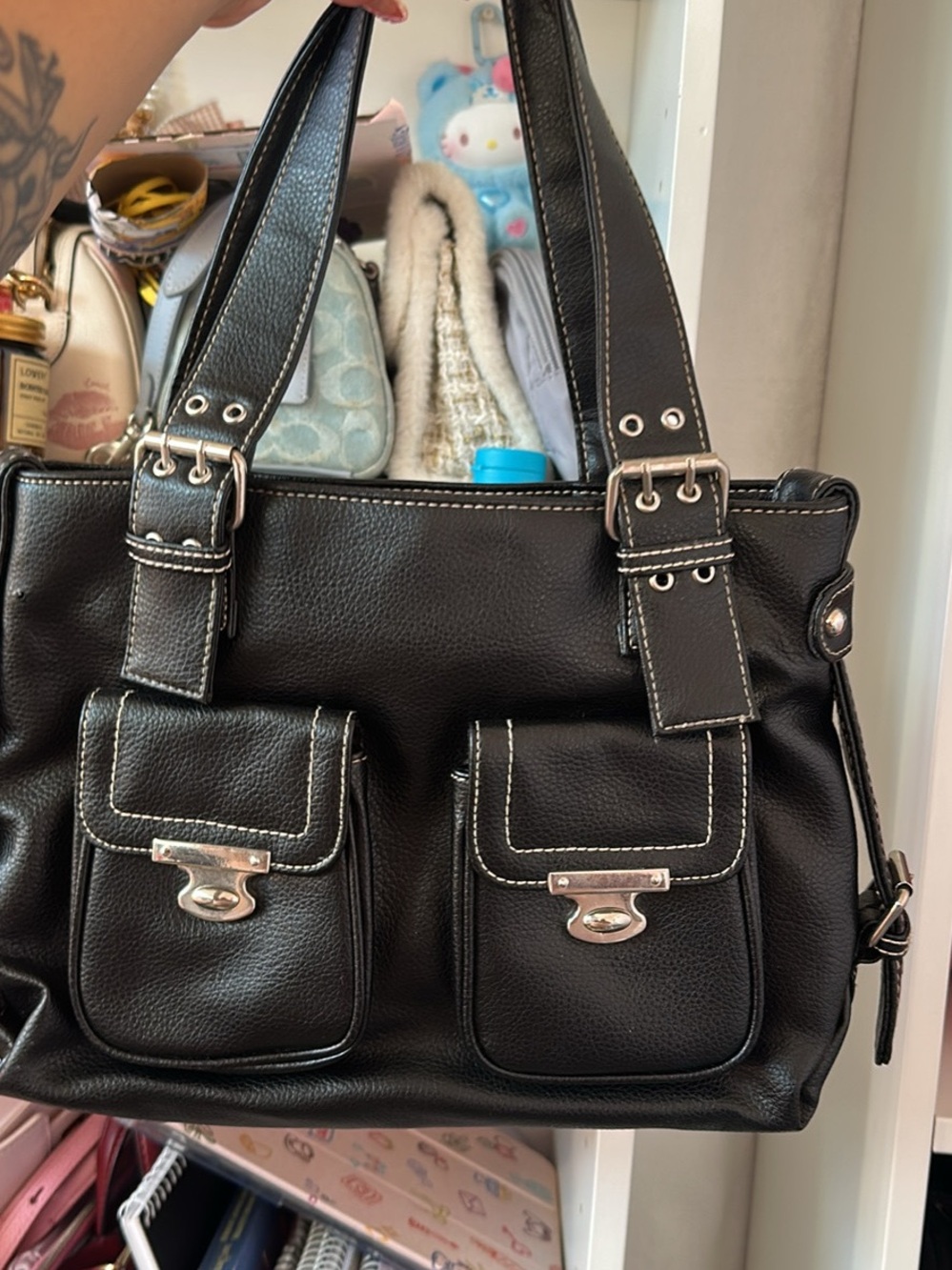 Black Leatherette Double-Pocket Tote Bag